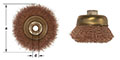 Image shows two views of a crimped wire cup brush. The left image presents a frontal view, depicting a bottom view of the diameter and the central hole for attachment. The right view shows a side profile, highlighting the bristles and the bronze metal cup